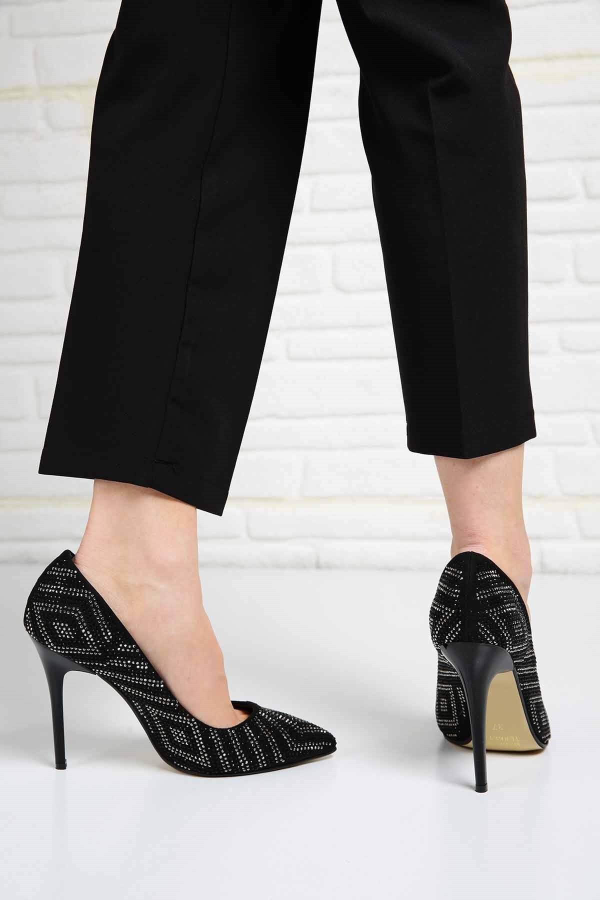 Bayan Taşlı Stiletto - 6950 SİYAH PLATİN