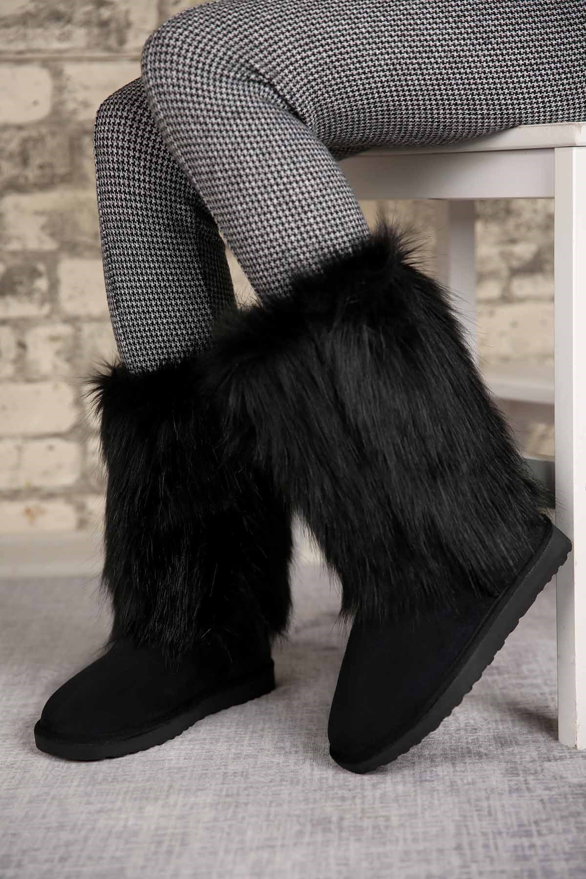 Bayan Tüylü Uzun Bot SİYAH SÜET