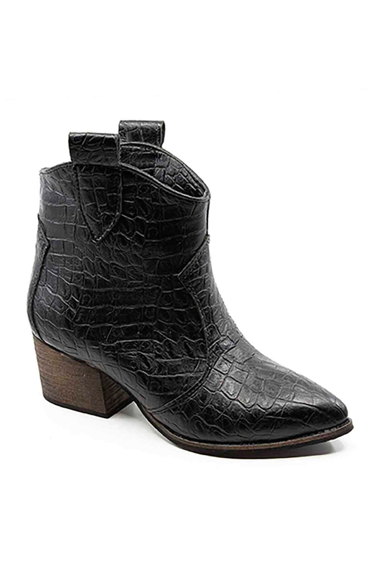 Bayan Western Bot - 1906K SİYAH KROKO