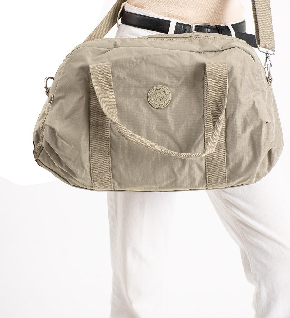 Büyük Boy Krinkıl Kumaş Ayakkabı Bölümlü Çapraz Askılı Laptop Bölmeli Spor Ve Seyahat Çantası NUDE