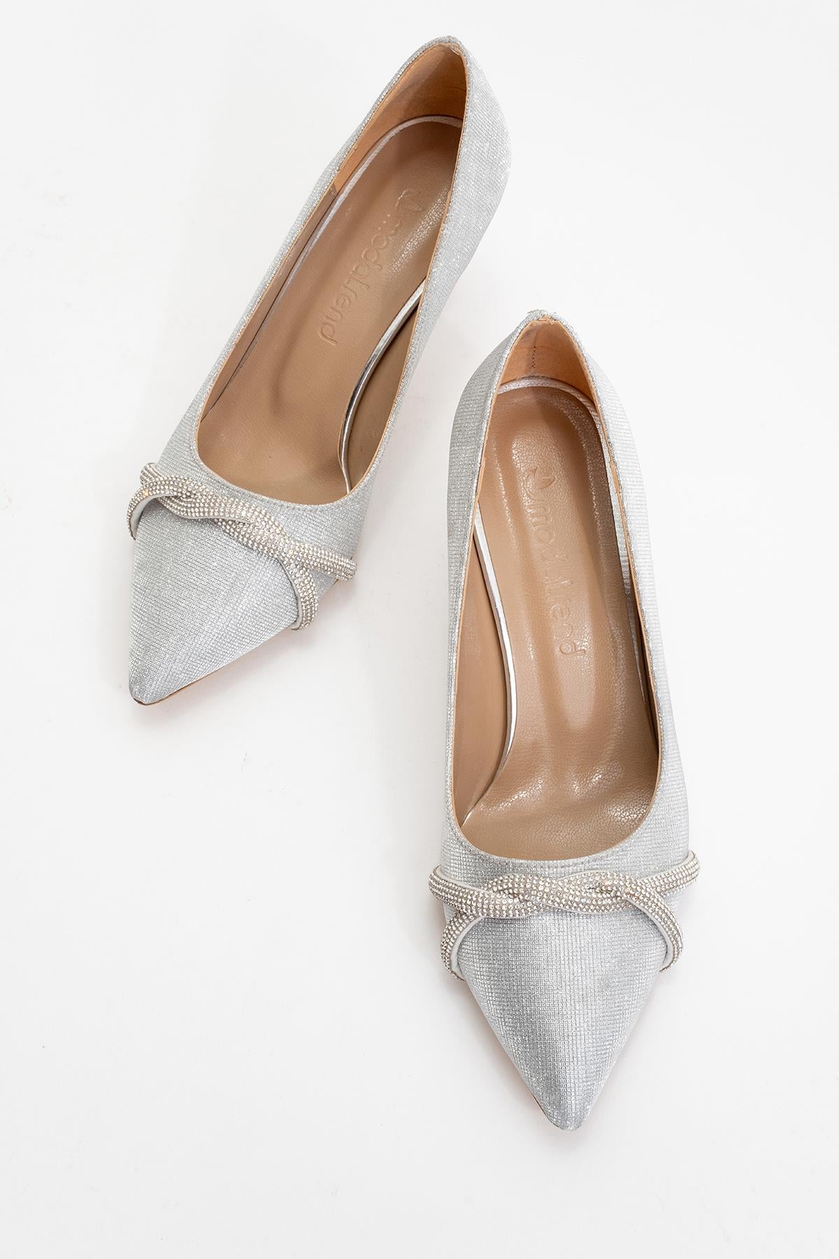 Çapraz Taşlı Kadın Stiletto Ayakkabı GÜMÜŞ SİM