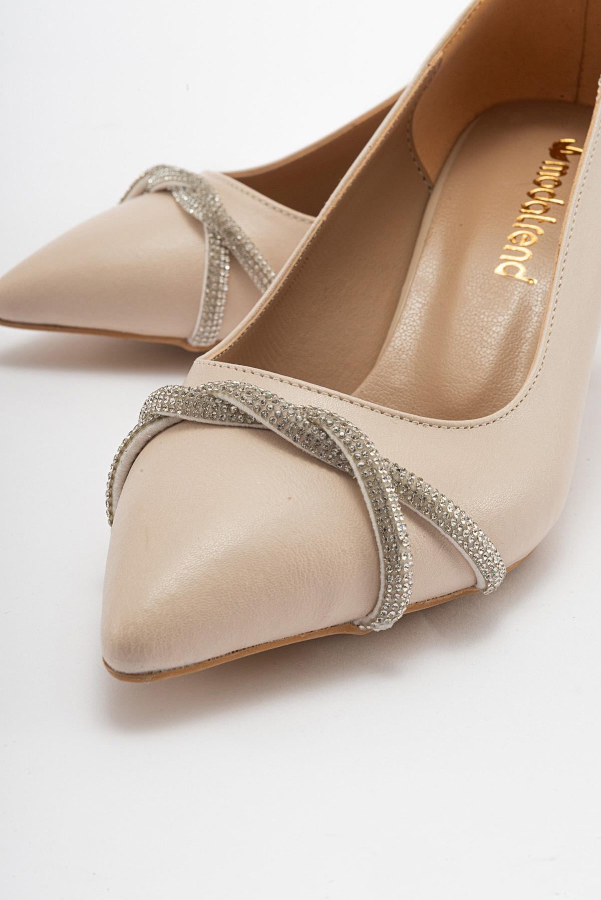 Çapraz Taşlı Kadın Stiletto Ayakkabı TEN CİLT GÜMÜŞ