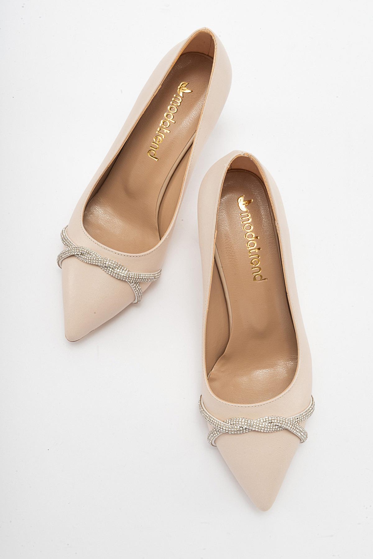 Çapraz Taşlı Kadın Stiletto Ayakkabı TEN CİLT GÜMÜŞ