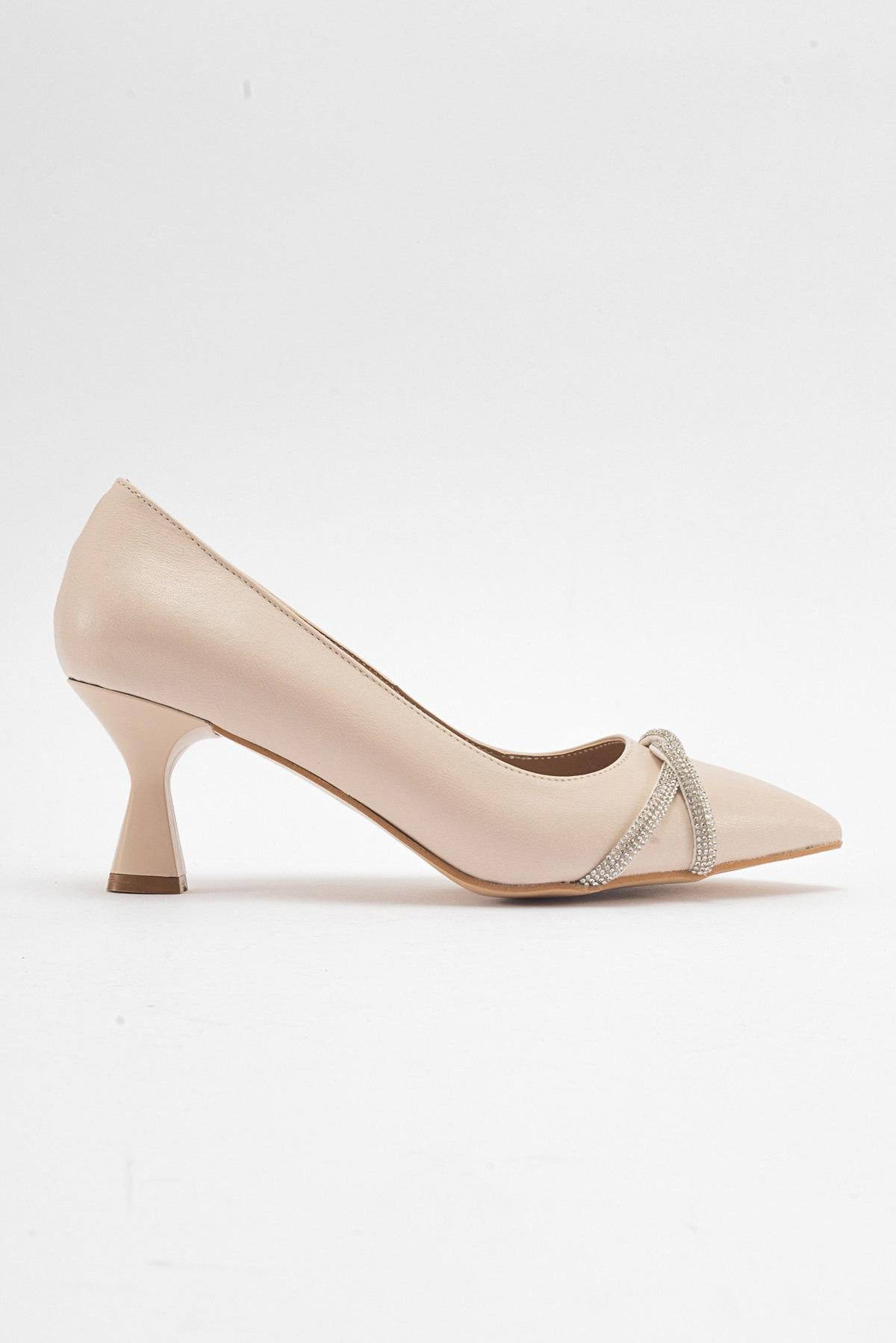 Çapraz Taşlı Kadın Stiletto Ayakkabı TEN CİLT GÜMÜŞ