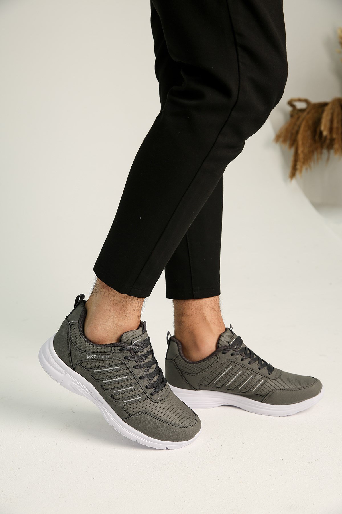 Erkek Bağcıklı Cilt Spor Ayakkabı FÜME BEYAZ