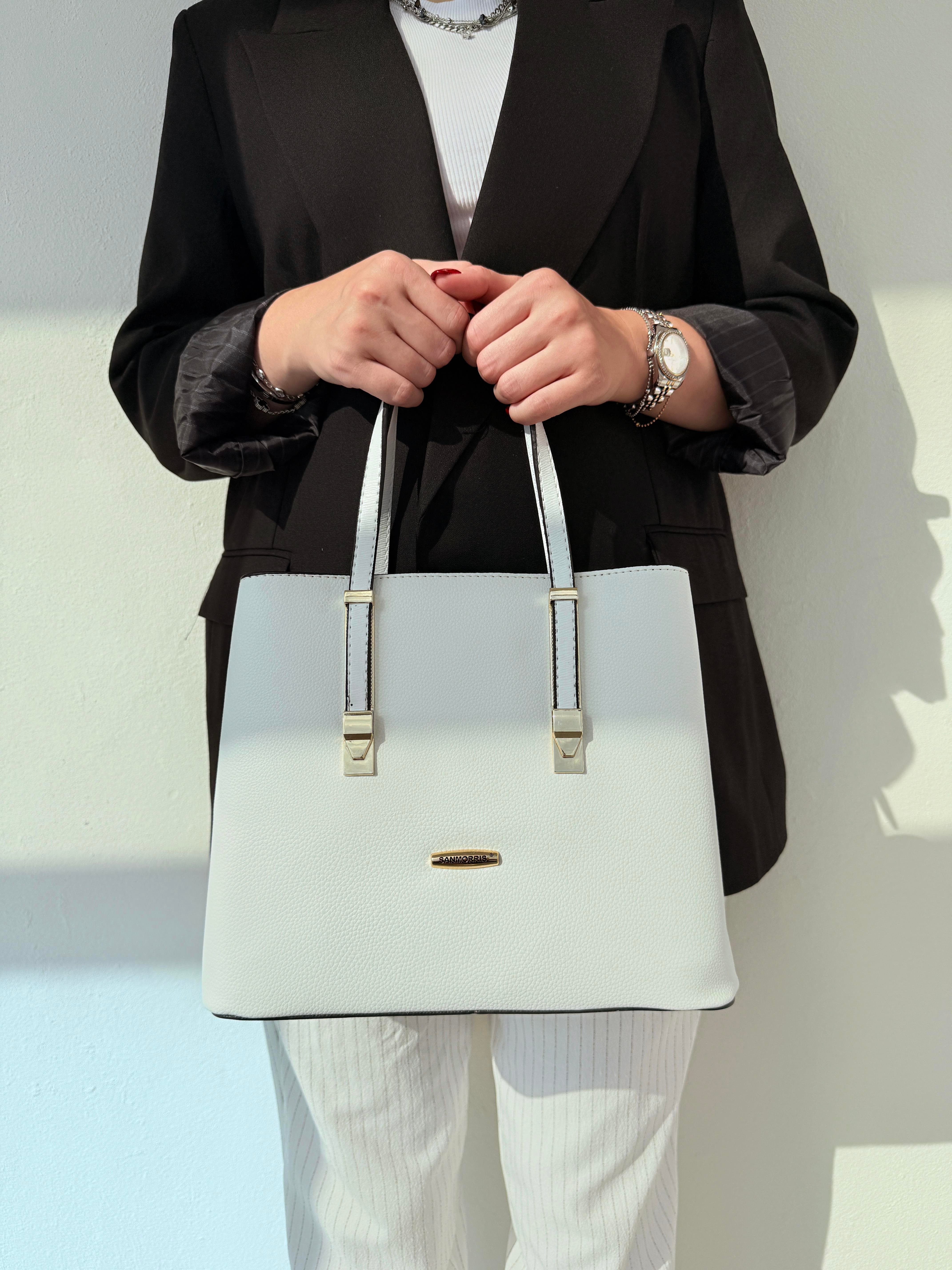 Kadın 4 Bölmeli Gold Aksesuarlı Sade Şık Omuz Ve El Çantası BEYAZ