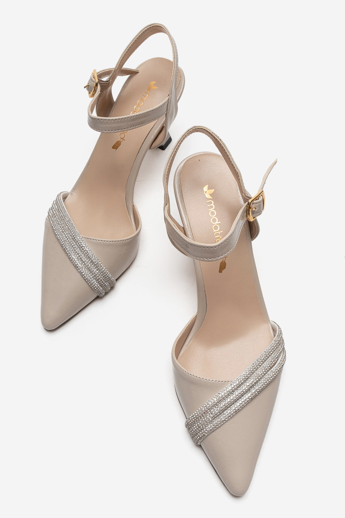 Kadın Çift Tokalı Sivri Topuklu Ayakkabı; BEJ KIRIŞIK