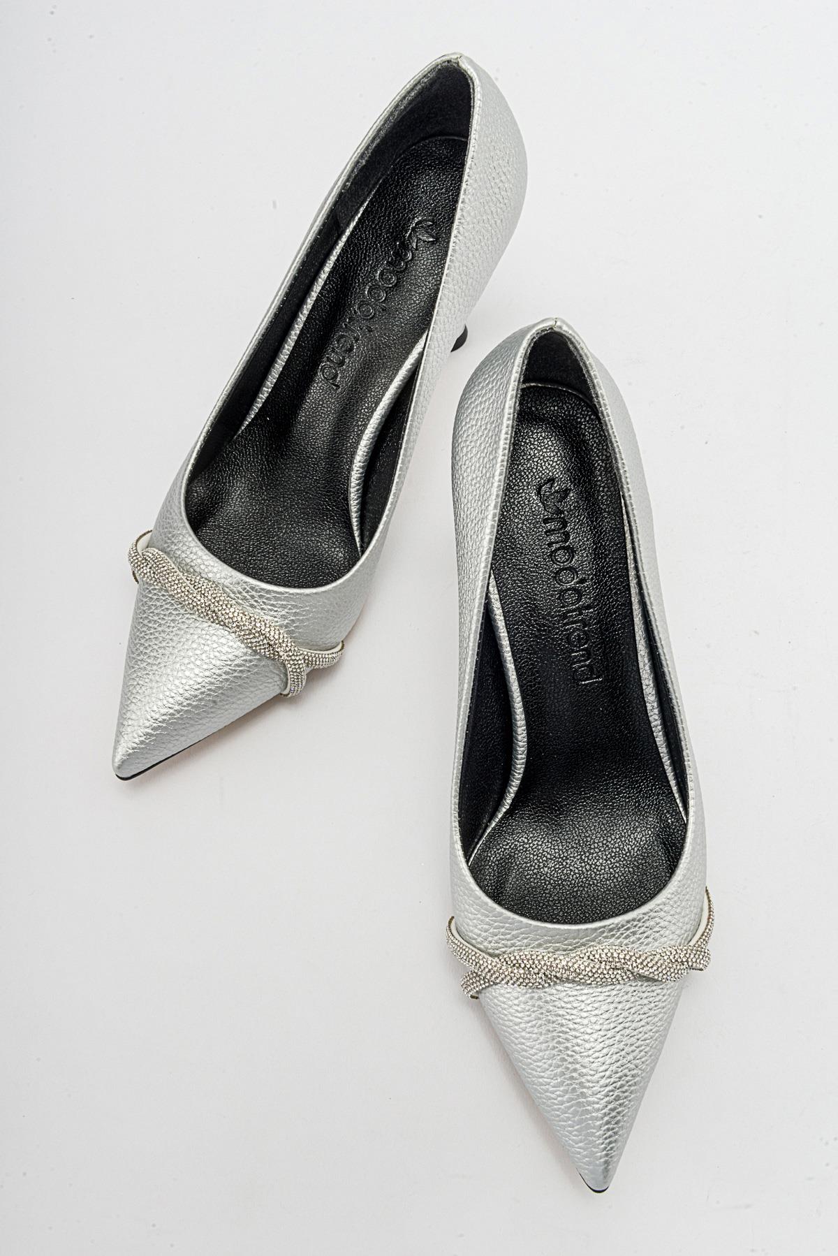 Kadın Dolama Taşlı Stiletto GÜMÜŞ BASKILI