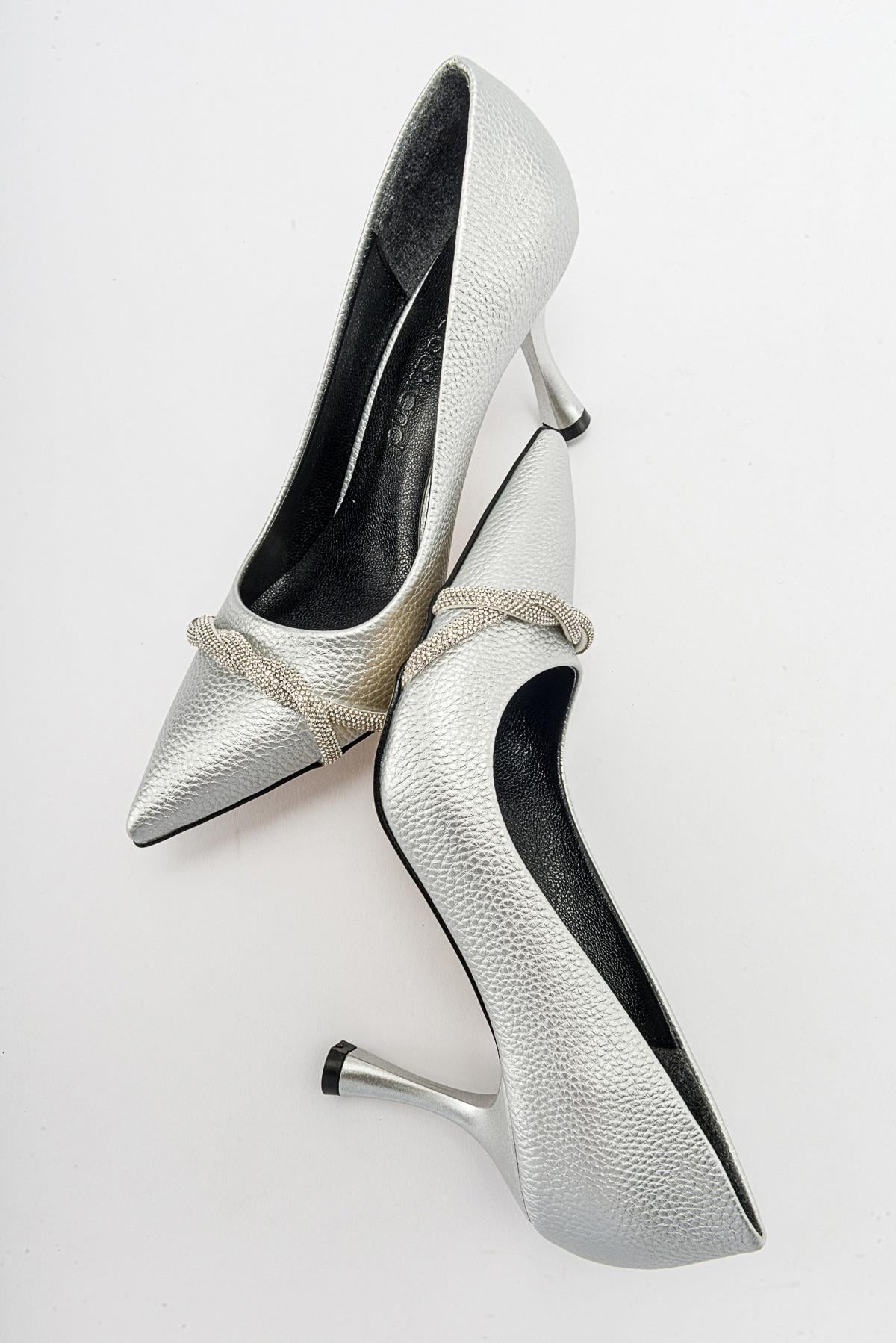 Kadın Dolama Taşlı Stiletto GÜMÜŞ BASKILI