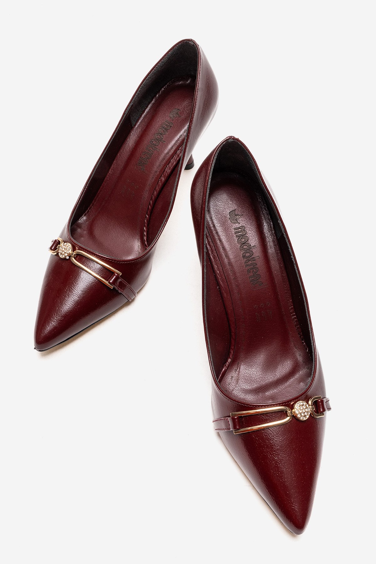 Kadın İnci Taşlı Sivri Burunlu Stiletto Ayakkabı BORDO KIRIŞIK