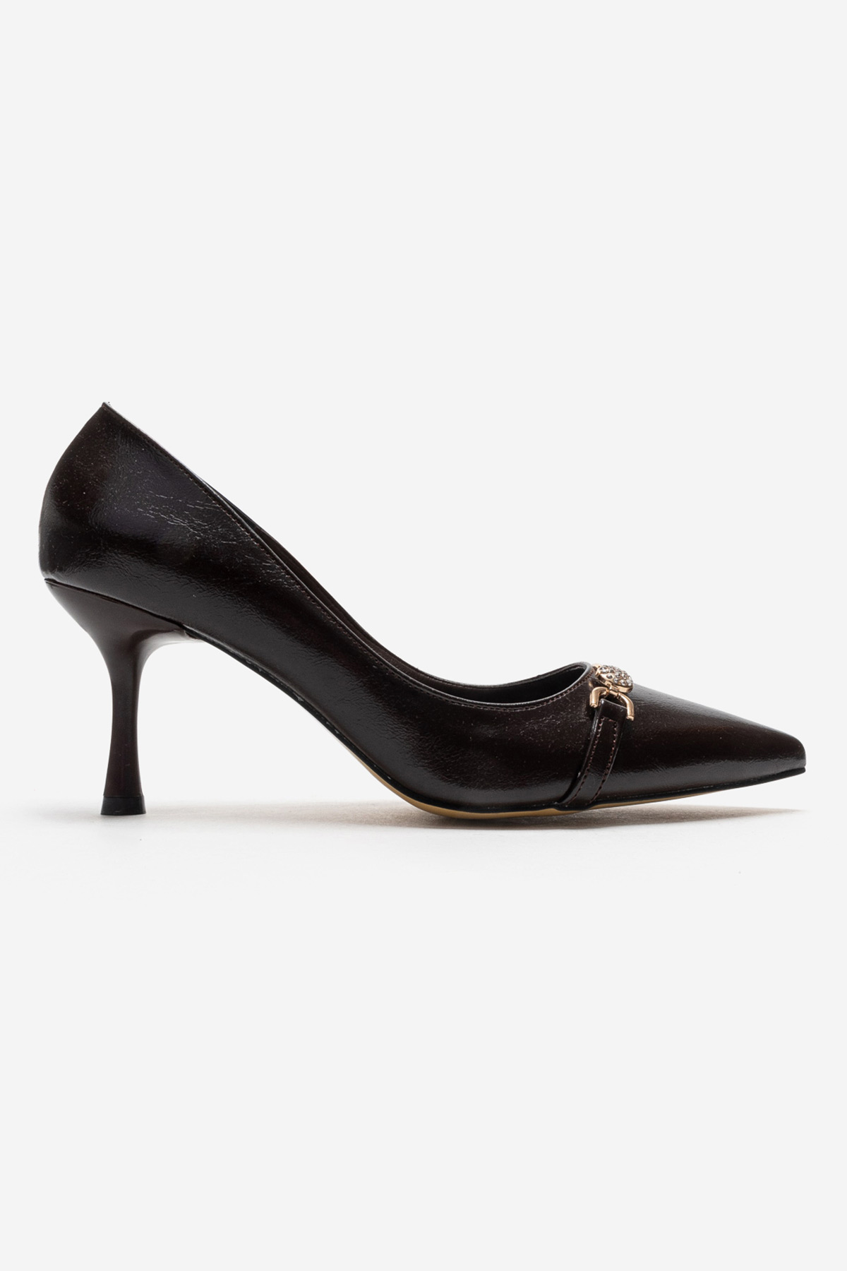 Kadın İnci Taşlı Sivri Burunlu Stiletto Ayakkabı KAHVE KIRIŞIK