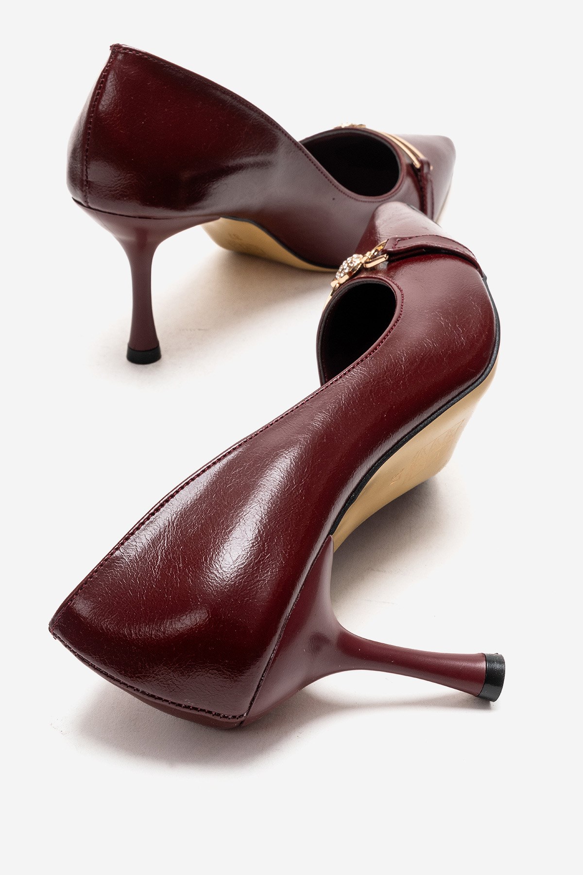 Kadın İnci Taşlı Sivri Burunlu Stiletto Ayakkabı BORDO KIRIŞIK