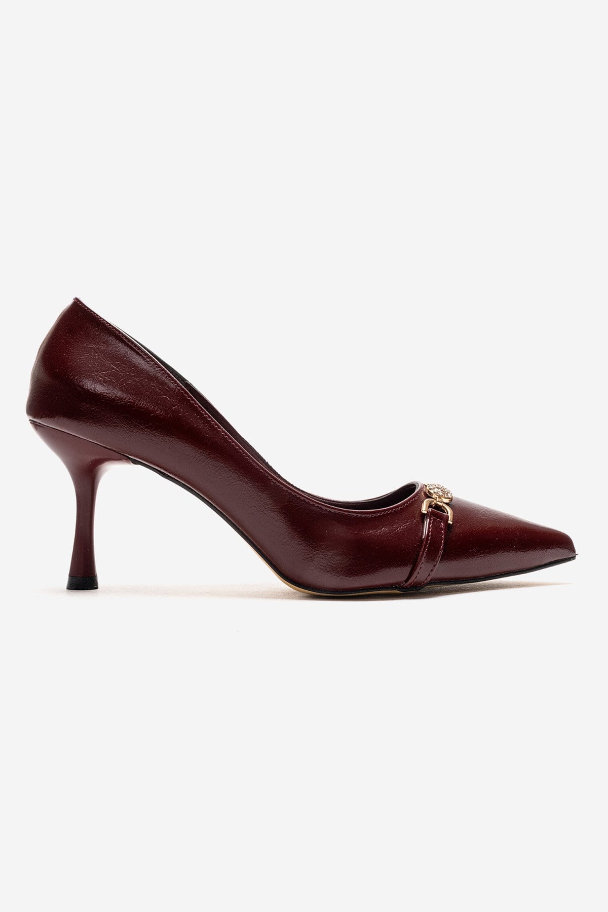Kadın İnci Taşlı Sivri Burunlu Stiletto Ayakkabı BORDO KIRIŞIK