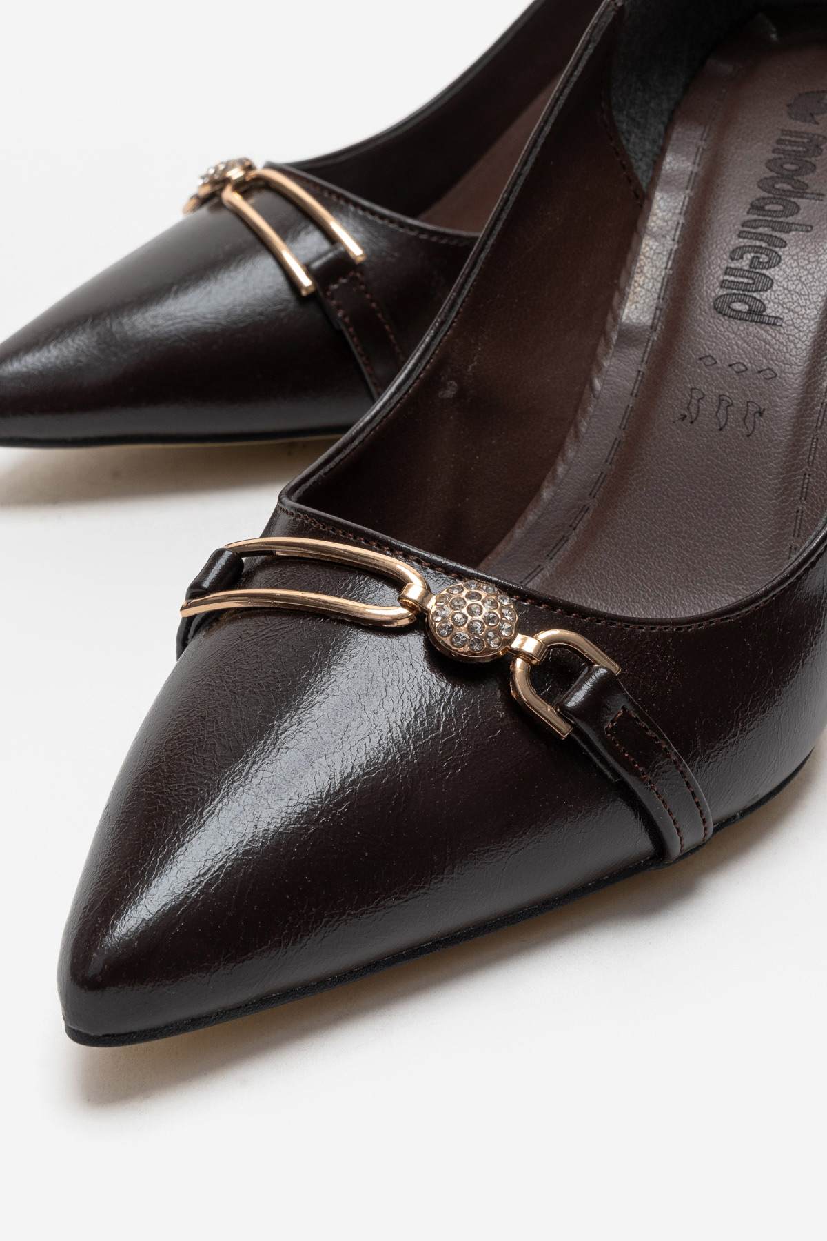 Kadın İnci Taşlı Sivri Burunlu Stiletto Ayakkabı KAHVE KIRIŞIK