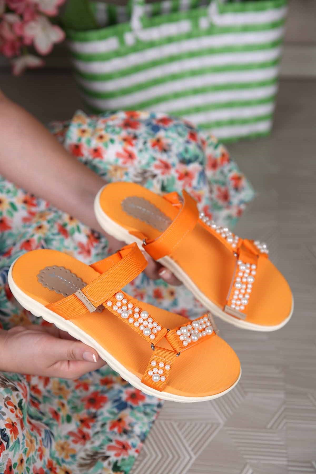 Kadın İncili Cırtlı Terlik ORANJ