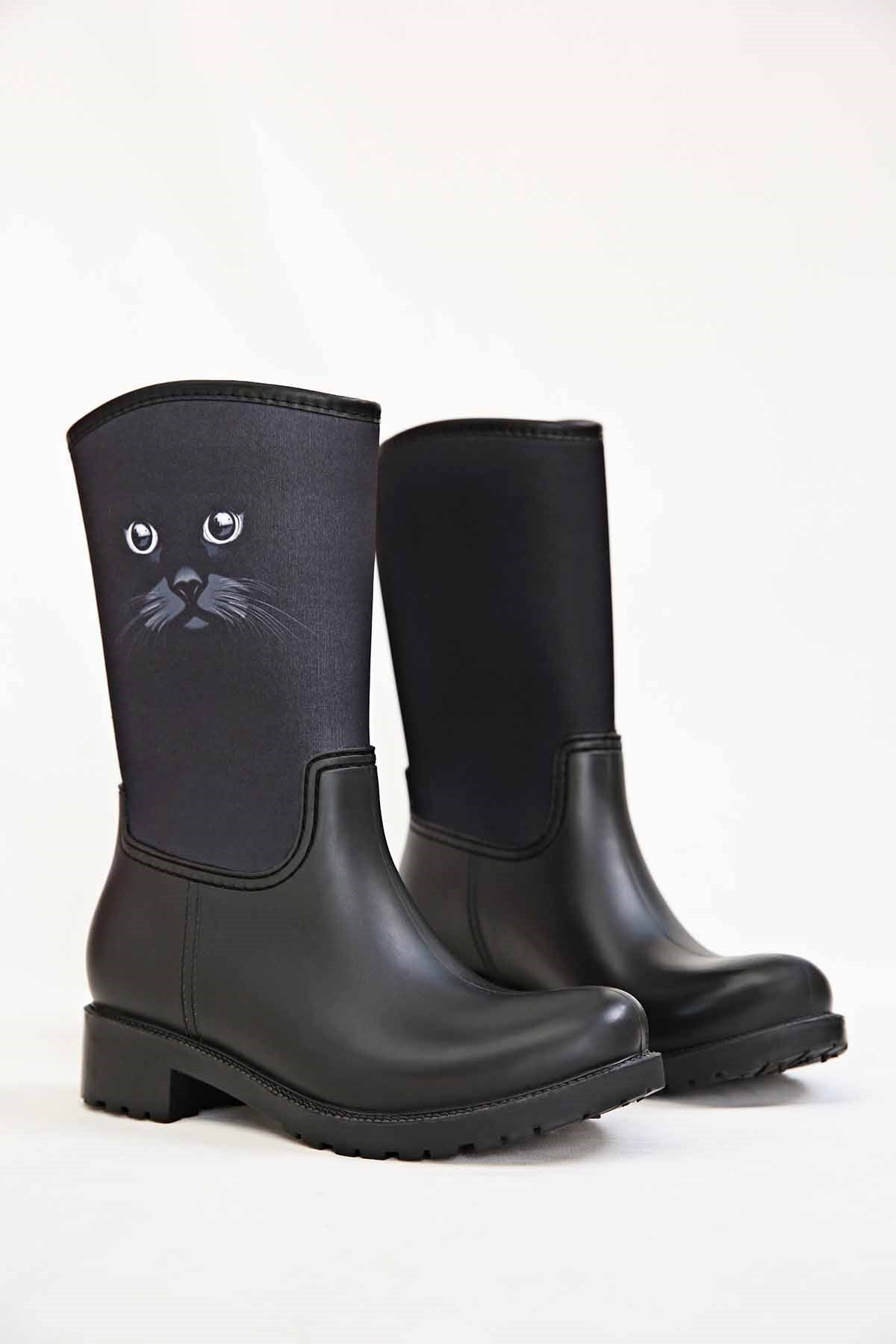 Kadın Kedi Desenli Yağmur Botu SİYAH