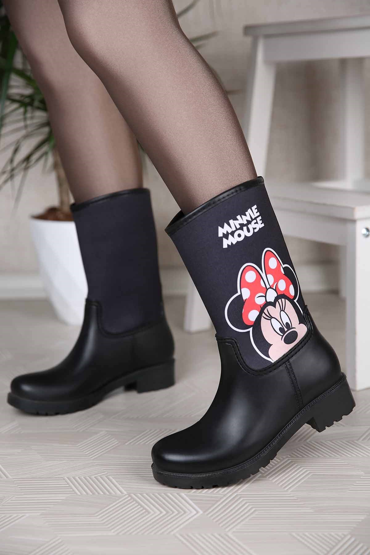 Kadın Minnie Mouse Desenli Yağmur Botu SİYAH