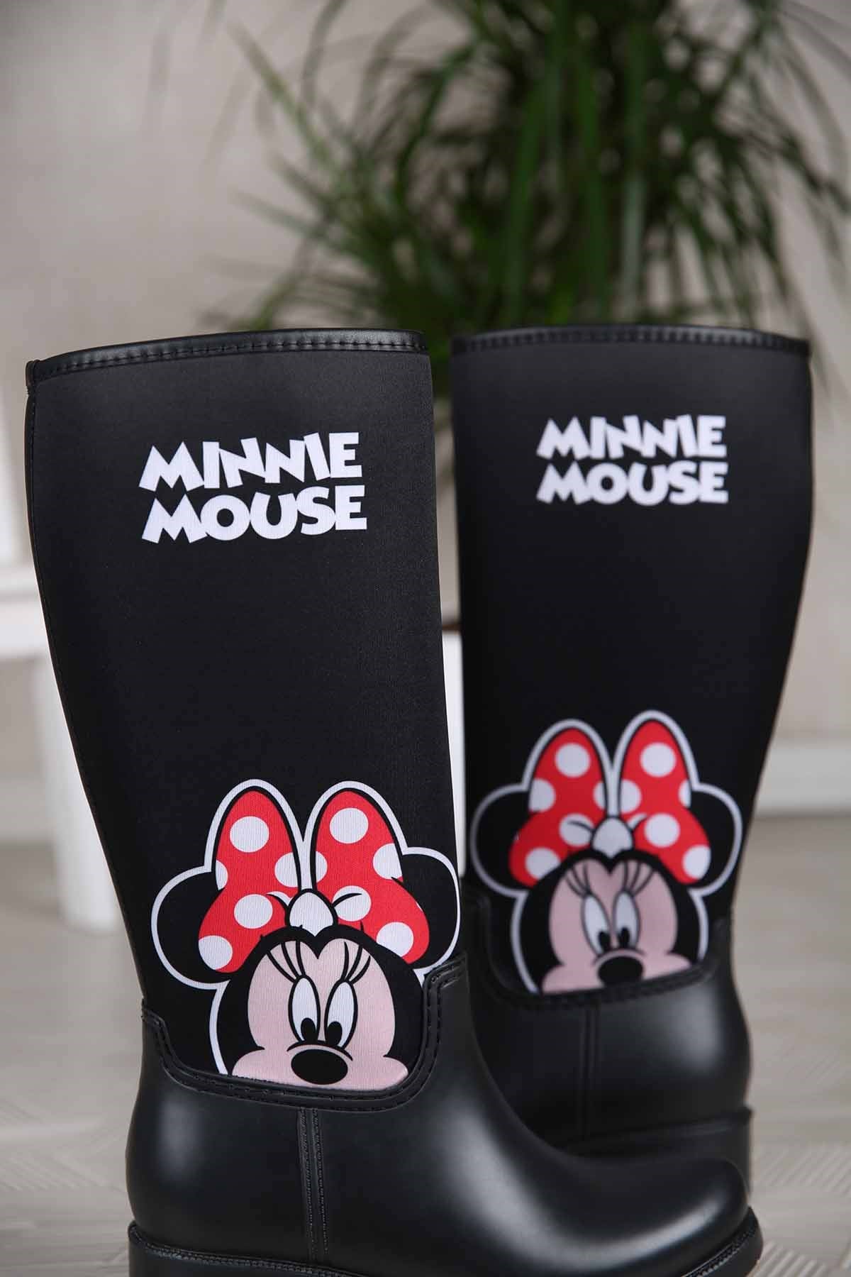 Kadın Minnie Mouse Desenli Yağmur Çizmesi SİYAH