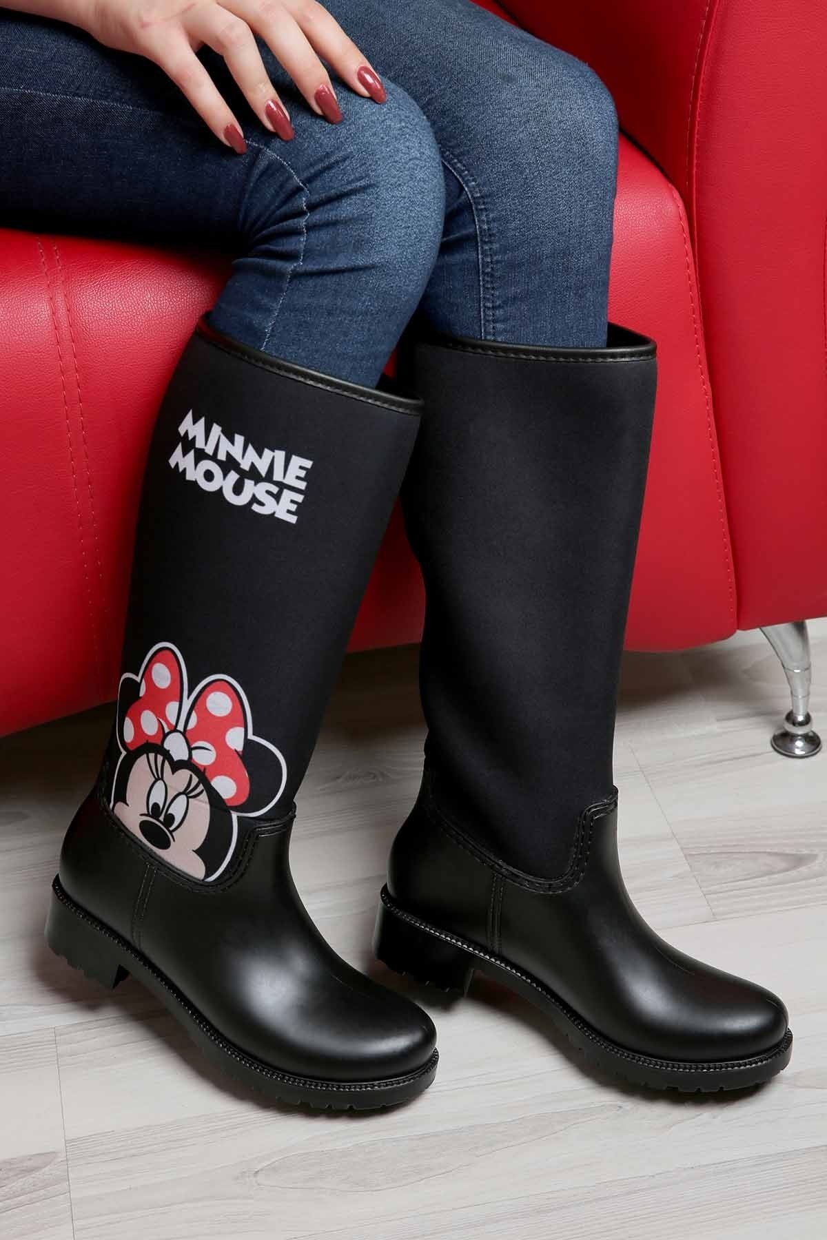 Kadın Minnie Mouse Desenli Yağmur Çizmesi SİYAH
