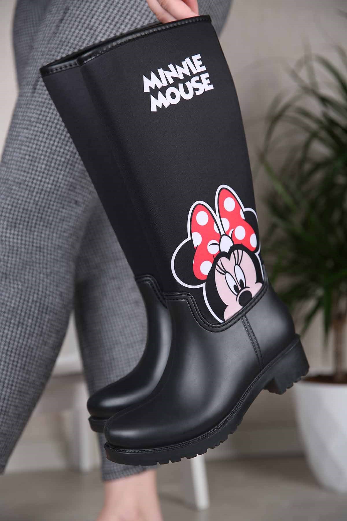Kadın Minnie Mouse Desenli Yağmur Çizmesi SİYAH
