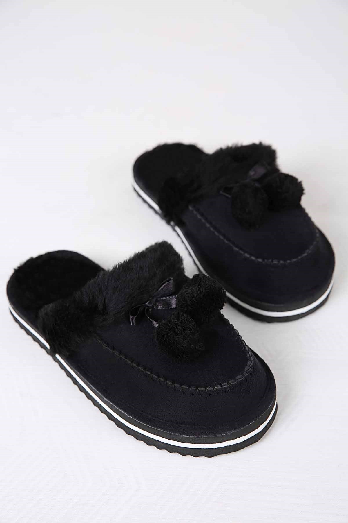 Kadın Ponponlu Tüylü Ev Terliği SİYAH