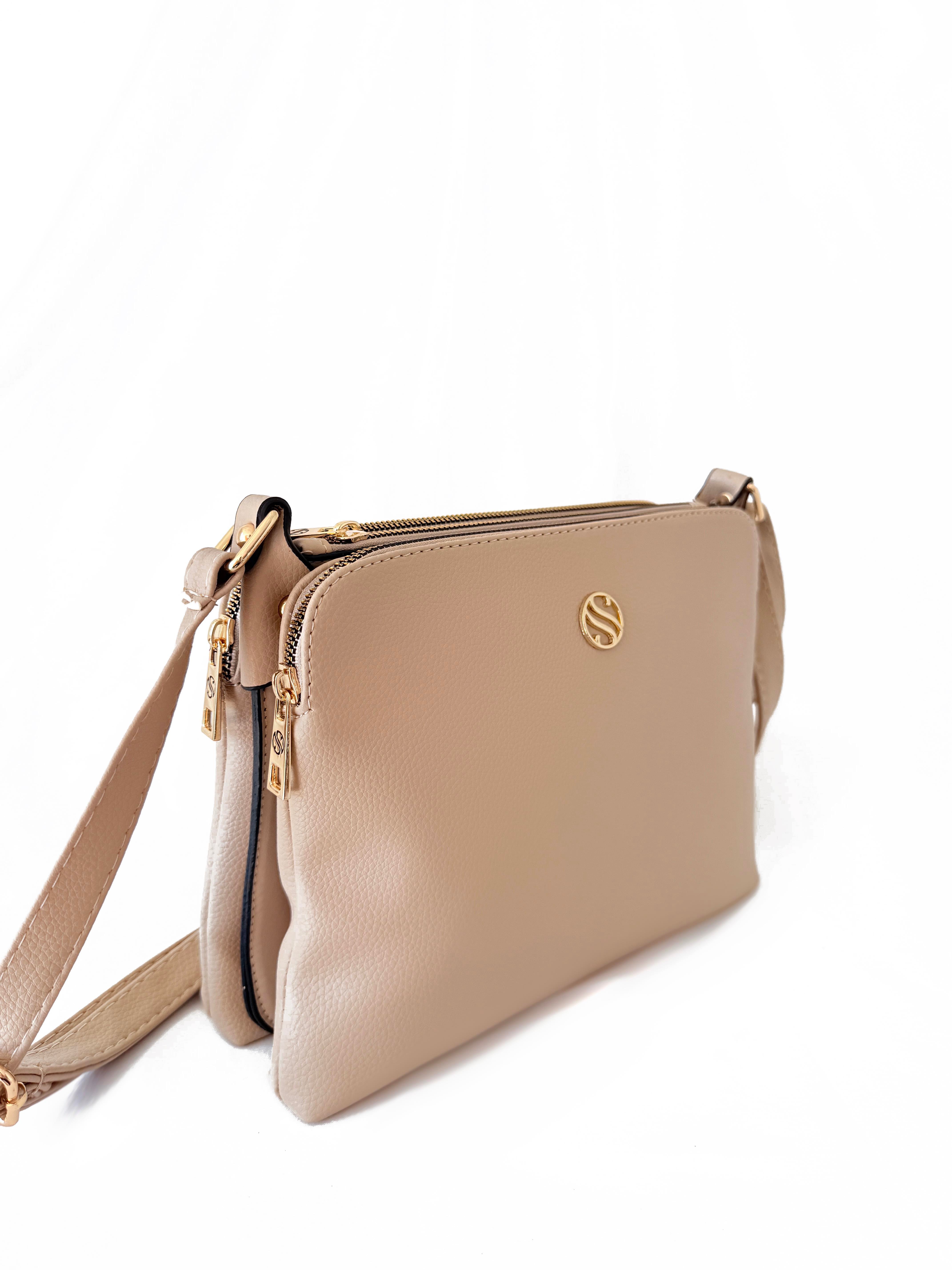 Kadın Suni Deri Ayarlanabilir Çapraz Askılı 4 Bölmeli ve Metal Fermuarlı Omuz Çantası NUDE