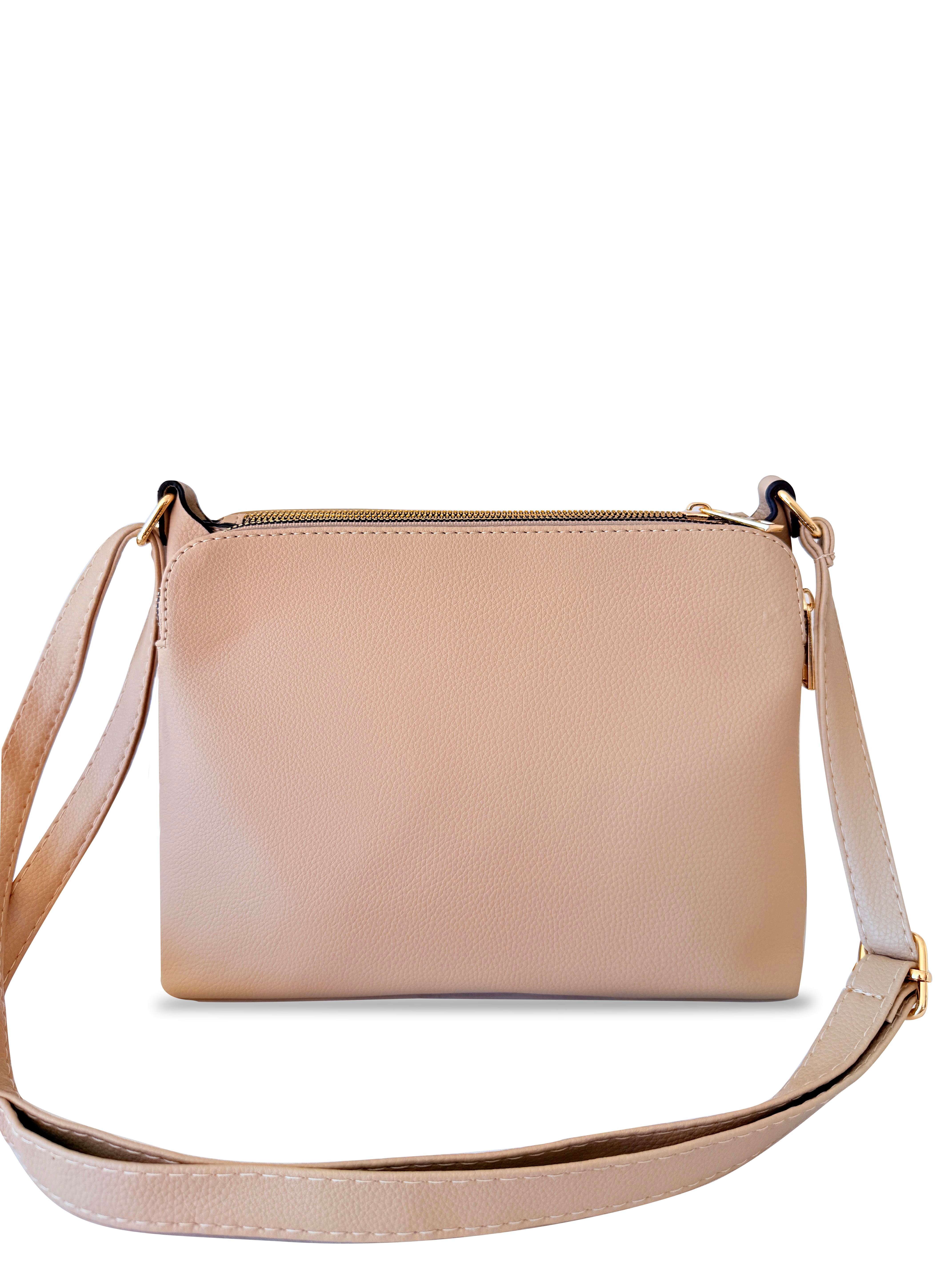 Kadın Suni Deri Ayarlanabilir Çapraz Askılı 4 Bölmeli ve Metal Fermuarlı Omuz Çantası NUDE