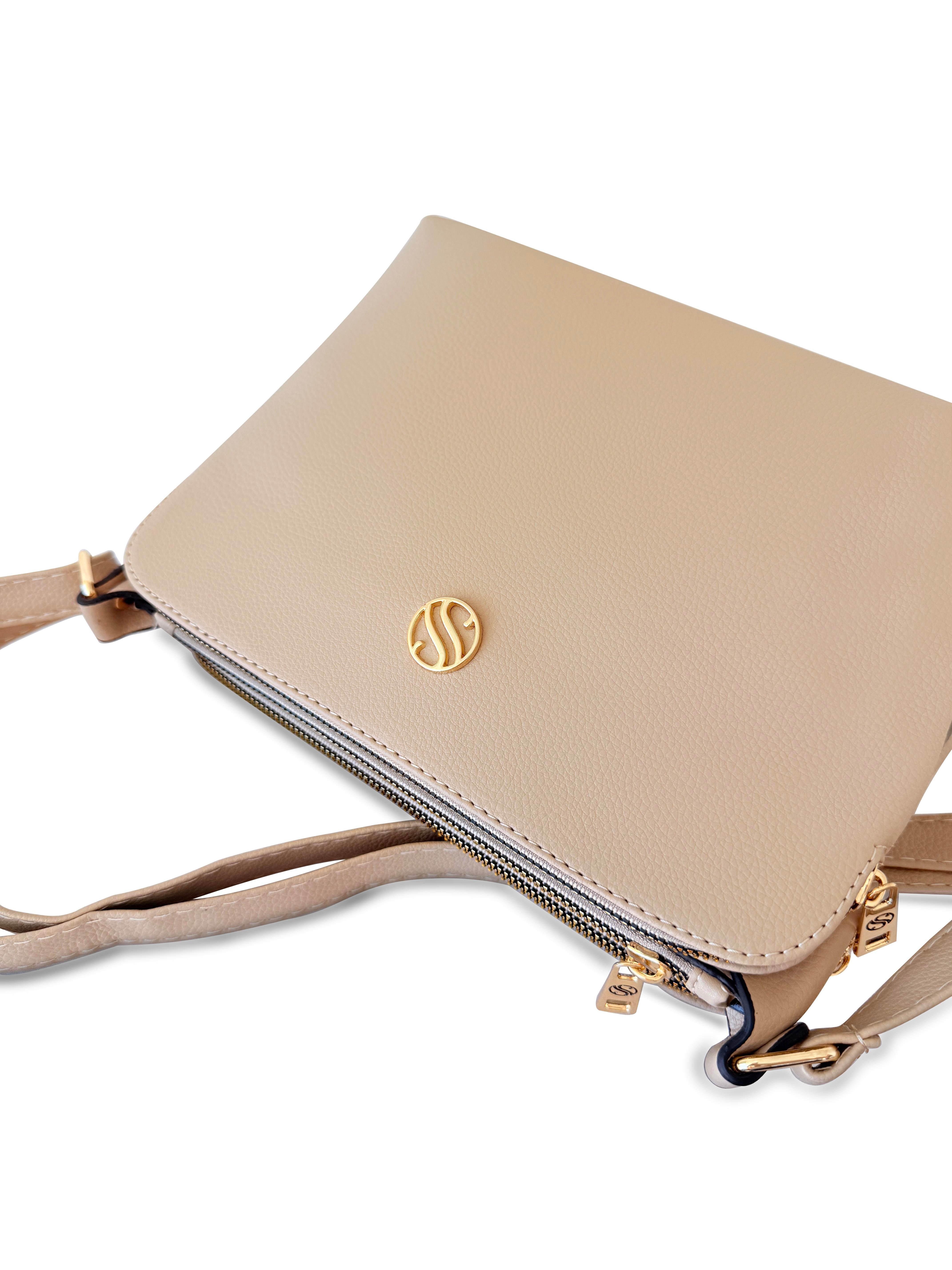 Kadın Suni Deri Ayarlanabilir Çapraz Askılı 4 Bölmeli ve Metal Fermuarlı Omuz Çantası NUDE