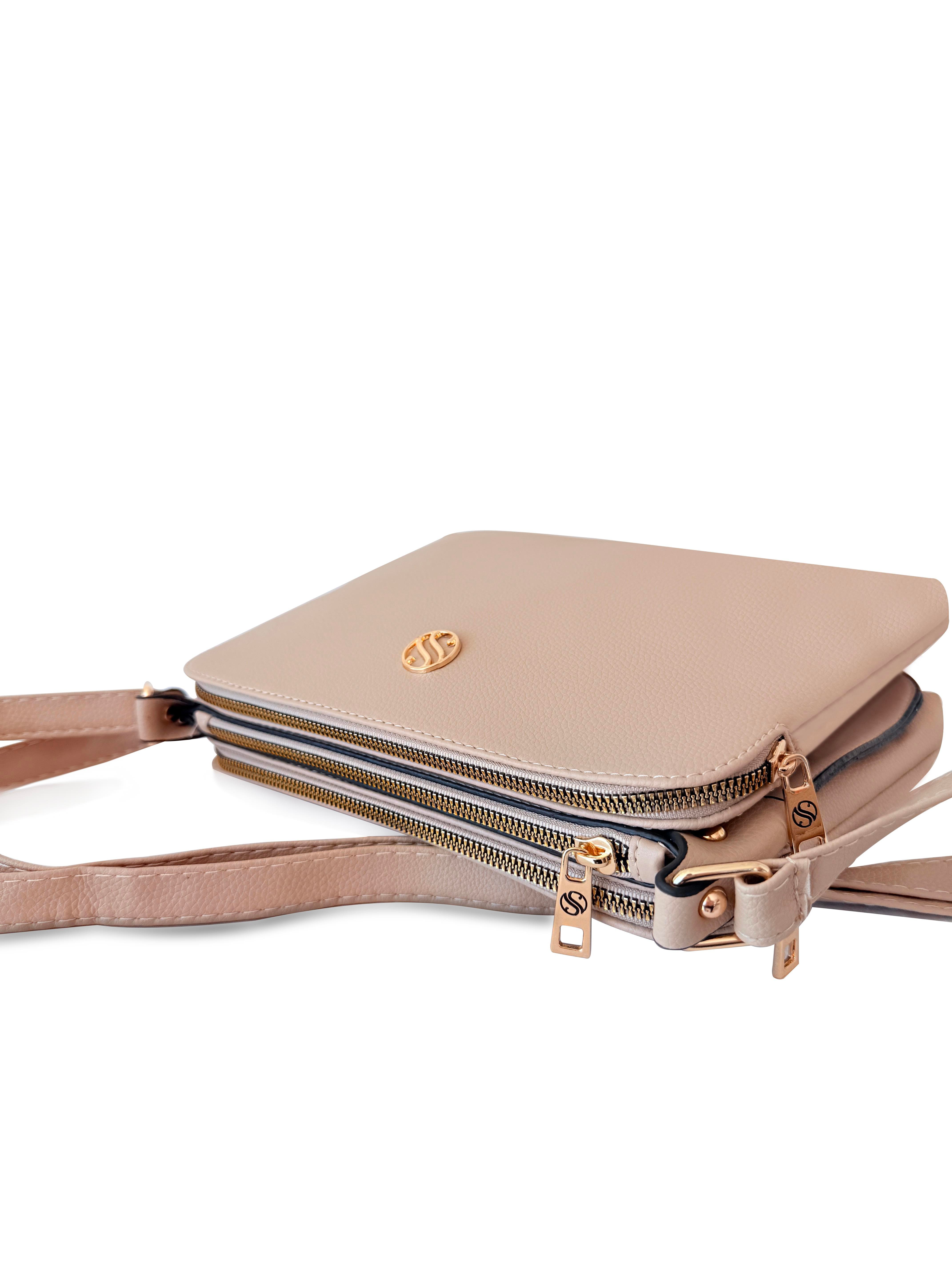 Kadın Suni Deri Ayarlanabilir Çapraz Askılı 4 Bölmeli ve Metal Fermuarlı Omuz Çantası NUDE