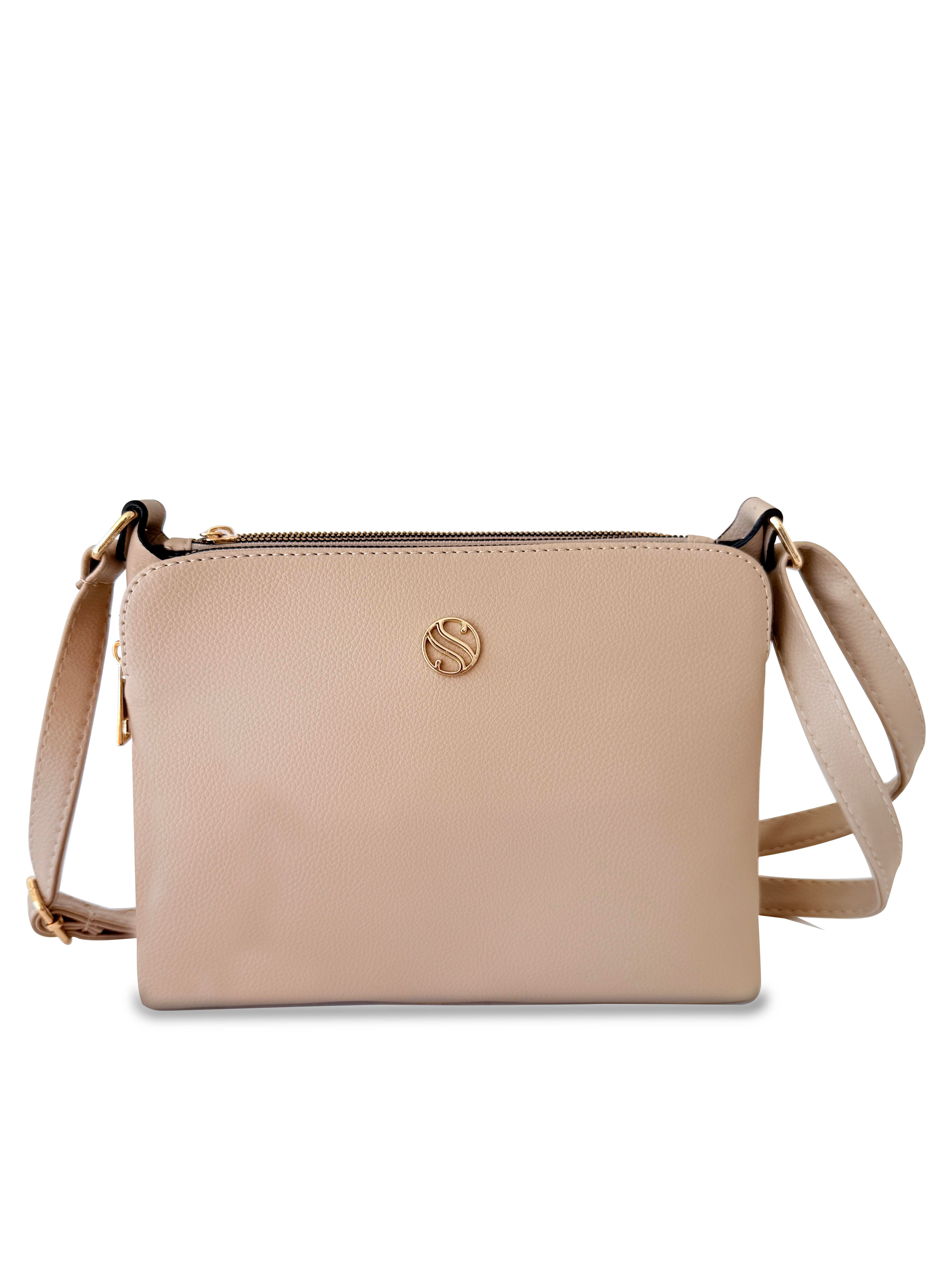 Kadın Suni Deri Ayarlanabilir Çapraz Askılı 4 Bölmeli ve Metal Fermuarlı Omuz Çantası NUDE