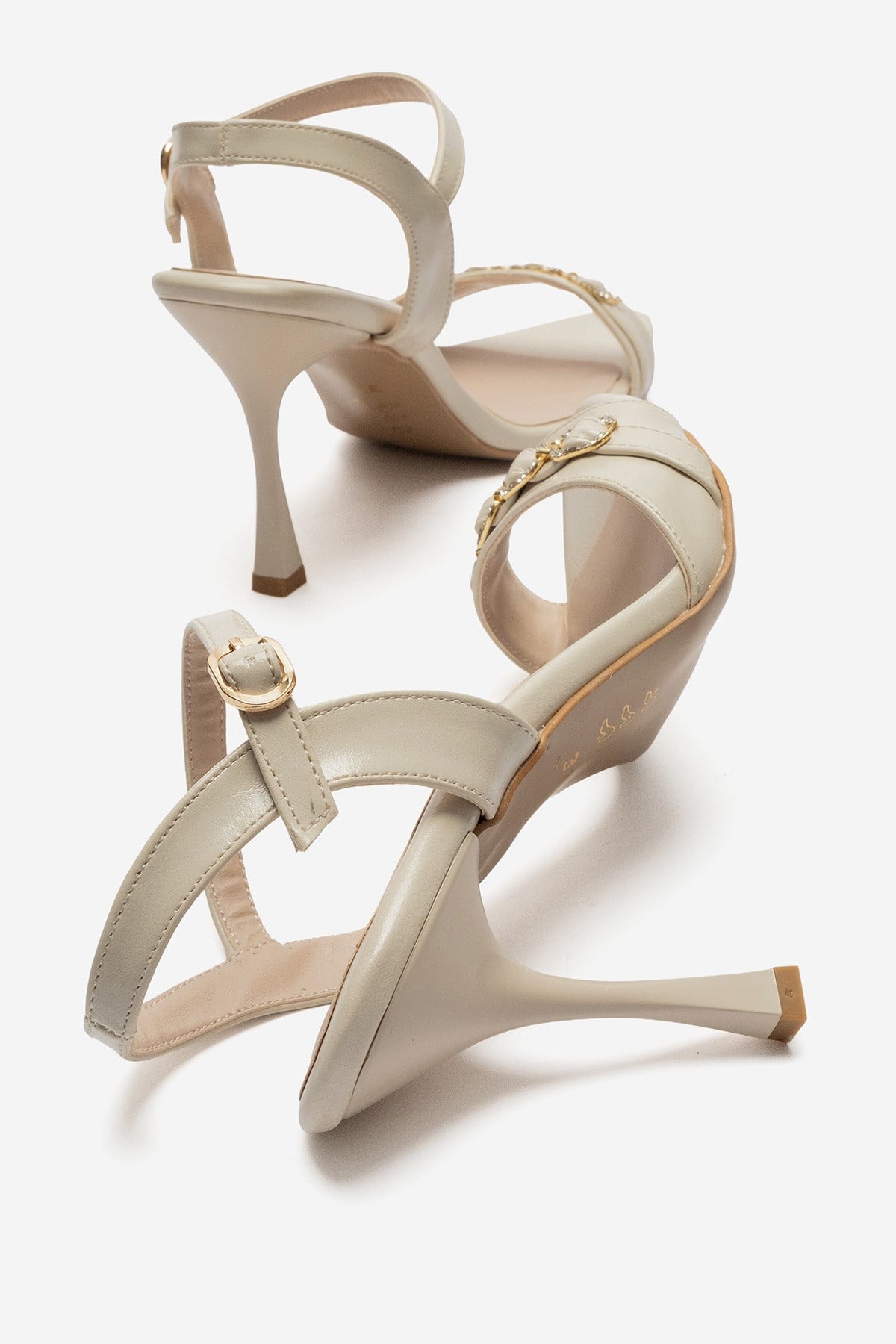 Kadın Taşlı Tek Biyeli Topuklu Sandalet BEJ KIRIŞIK