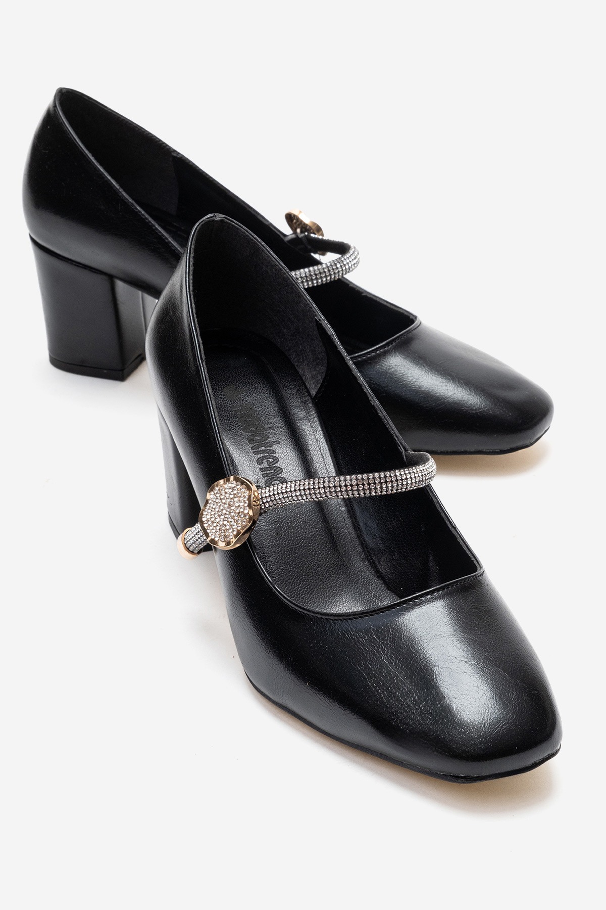 KadınTaşlı Biyeli Küt Burunlu Stiletto Ayakkabı SİYAH KIRIŞIK