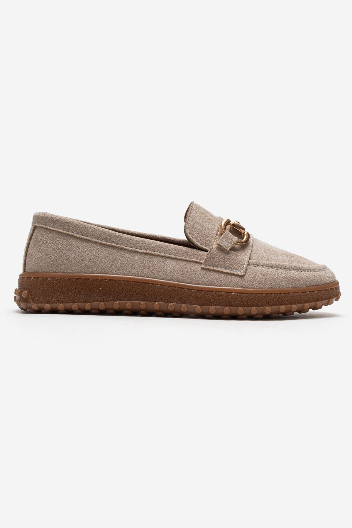 Kaydırmaz Kadın Tokalı Loafer Ayakkabı BEJ SÜET