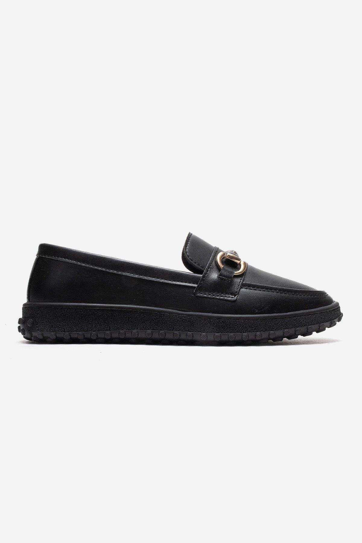 Kaydırmaz Kadın Tokalı Loafer Ayakkabı SİYAH CİLT