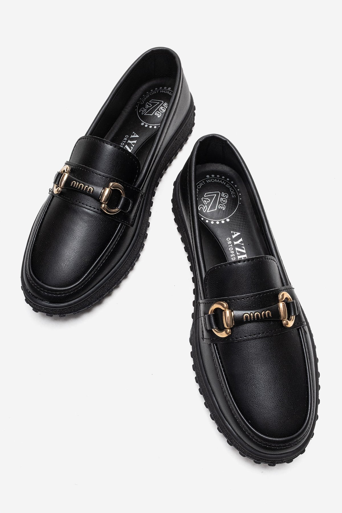 Kaydırmaz Kadın Tokalı Loafer Ayakkabı SİYAH CİLT