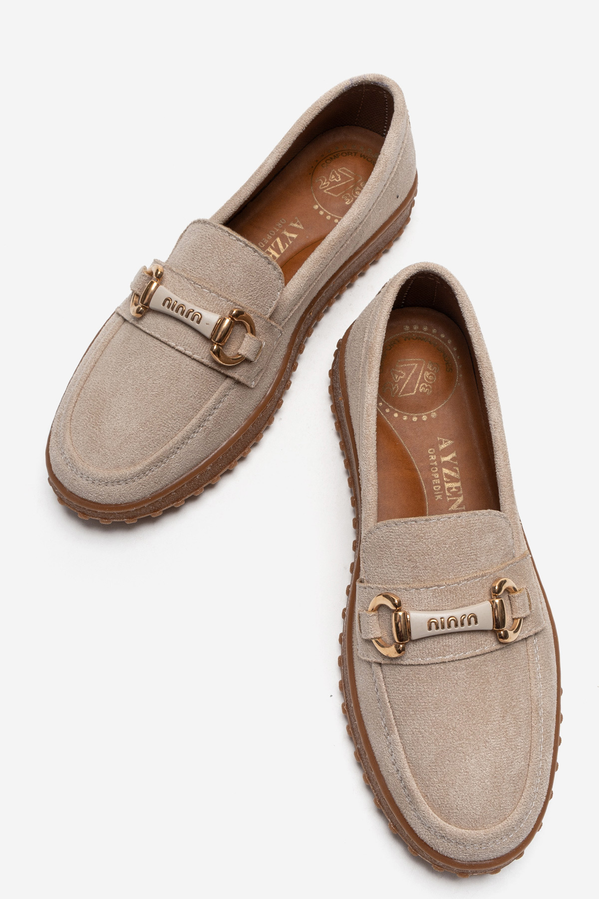 Kaydırmaz Kadın Tokalı Loafer Ayakkabı BEJ SÜET
