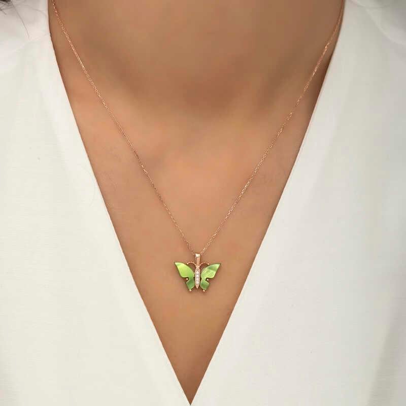 Gümüş Rose Yeşil Kaplangözü Taşlı Kelebek Kolye