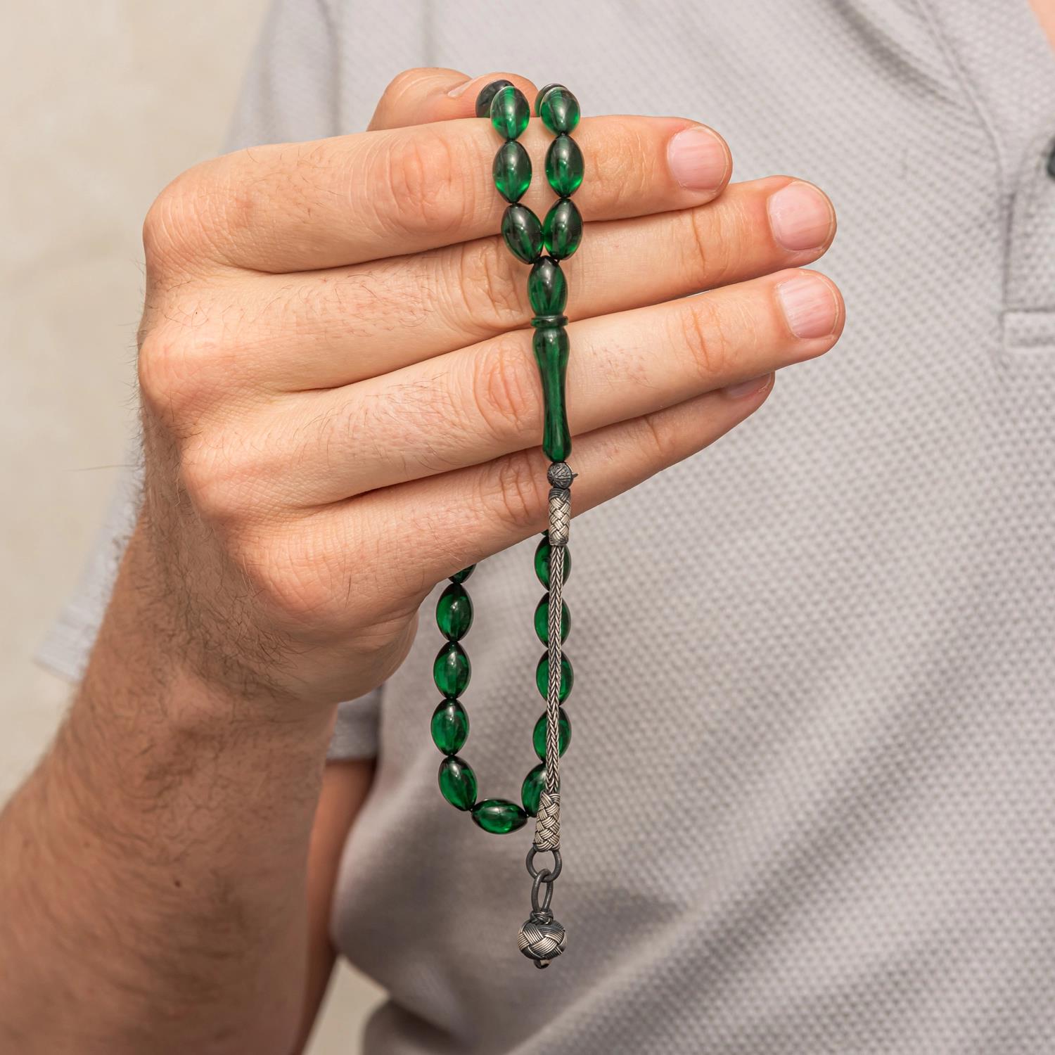 Gümüş Yeşil Kazaz Püsküllü Sıkma Kehribar Tesbih