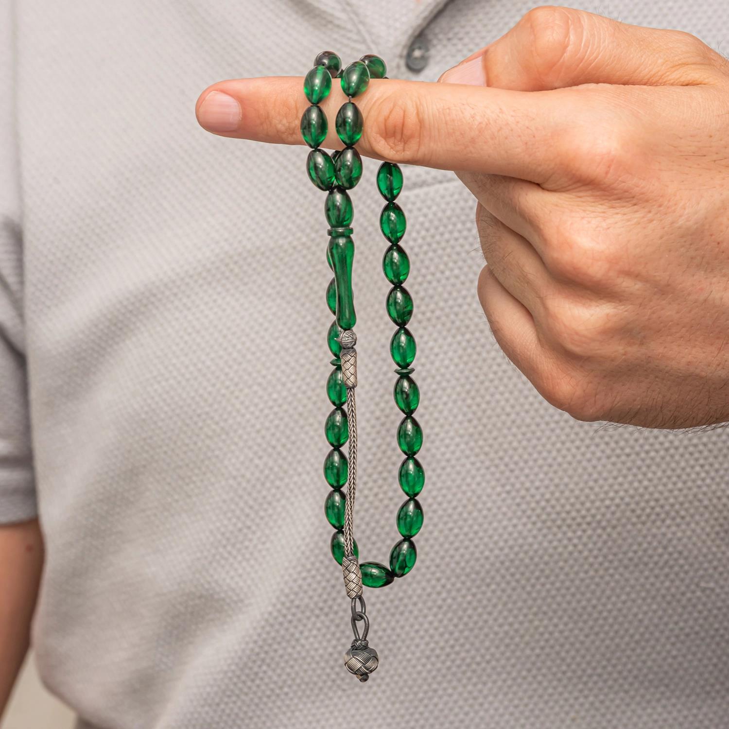 Gümüş Yeşil Kazaz Püsküllü Sıkma Kehribar Tesbih