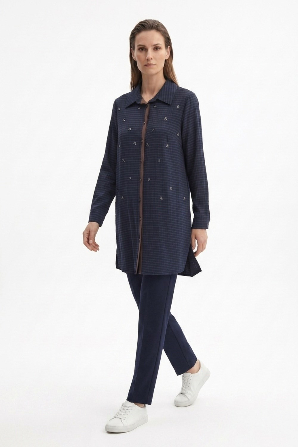 Fuat Gürşen 6304 Serpme Taş İşlemeli Tunik - Lacivert Tunik FUAT GÜRŞEN 