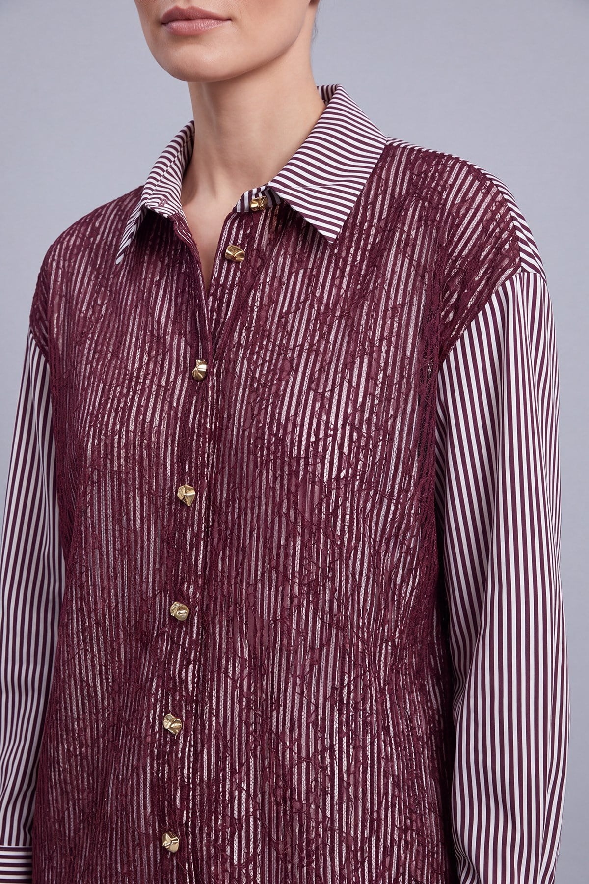 Çizgili Dantel Detaylı Tunik 10787 Burgundy Tunik PUANE 
