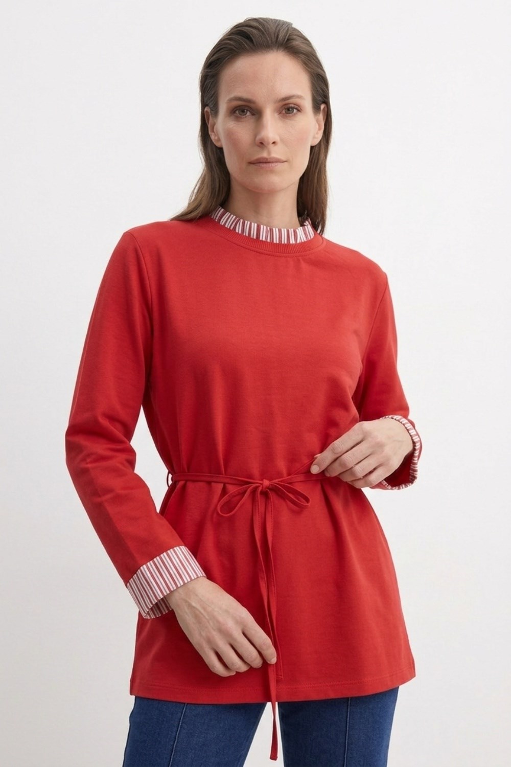 Yaka ve Kolları Çizgi Garnili Tunik 3521 Kırmızı Tunik Ekrutex 