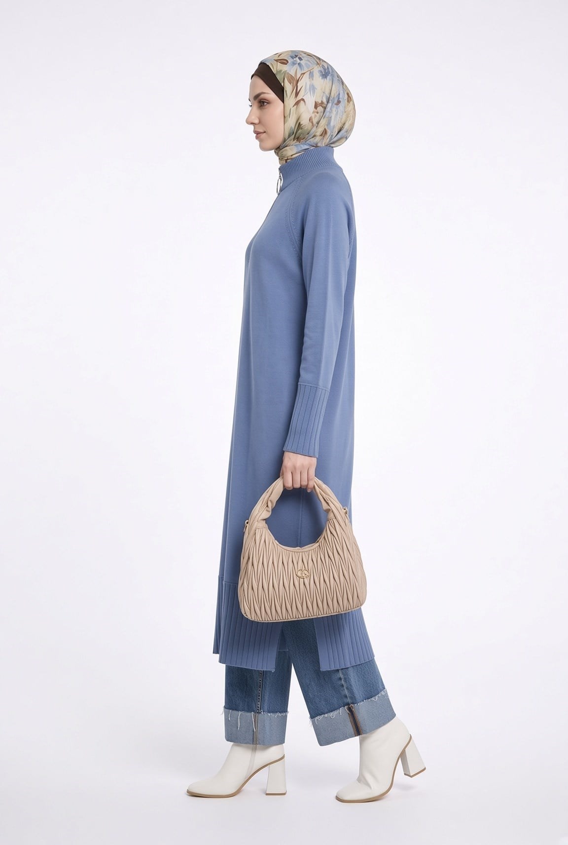 Armine Trend 26KAD405 Fermuar Detaylı Etek Ucu Bölmeli Tunik Mavi Tunik ARMİNE TREND 