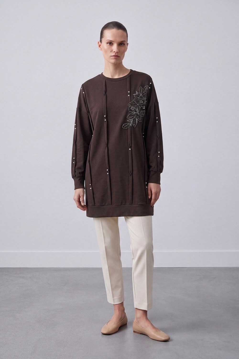 Bir Yanı İşlemeli Taşlı Tunik 10814 Browni Tunik PUANE 