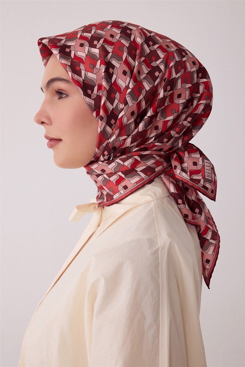 Belli 4402 Prizma Kafes Geometrik %100 Twill İpek Eşarp - Pembe Eşarp BELLI 