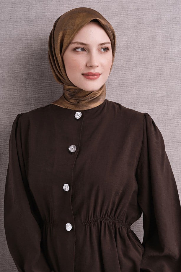 Armine 9618 Büyük Ekose Saf İpek Twill Eşarp Hardal Eşarp ARMİNE 