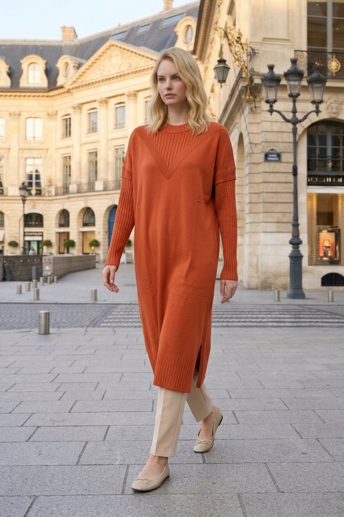 Ön V Detay Uzun Tunik 35326 Oranj Tunik Miss Knit 
