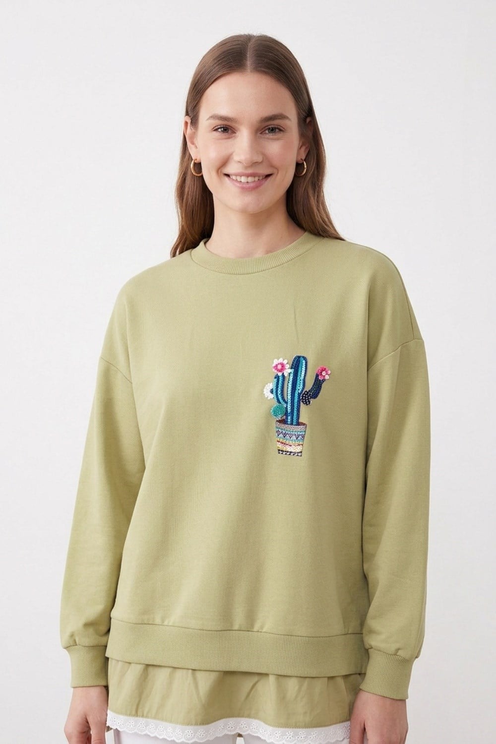 Etek Ucu Dantel Detay Kaktüs Tunik 10818 Olive Tunik PUANE 