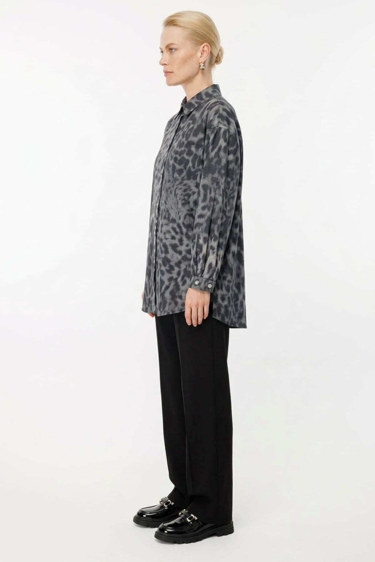 Ghisa Leopar Baskılı Gömlek Tunik 4520 Siyah Tunik GHİSA 