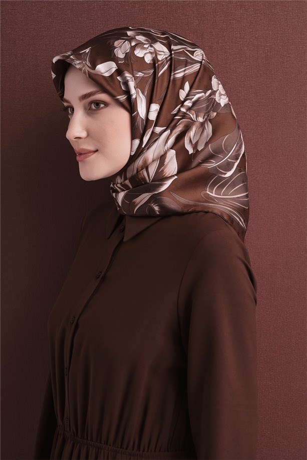 Armine Dj Saf Jakar İpek Eşarp 9608D (J) - Kahve Eşarp ARMİNE 